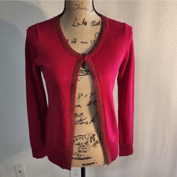 COLDWATER creek silk blend‎ gold beaded cardigan sweater size 4 - Picture 1 of 7